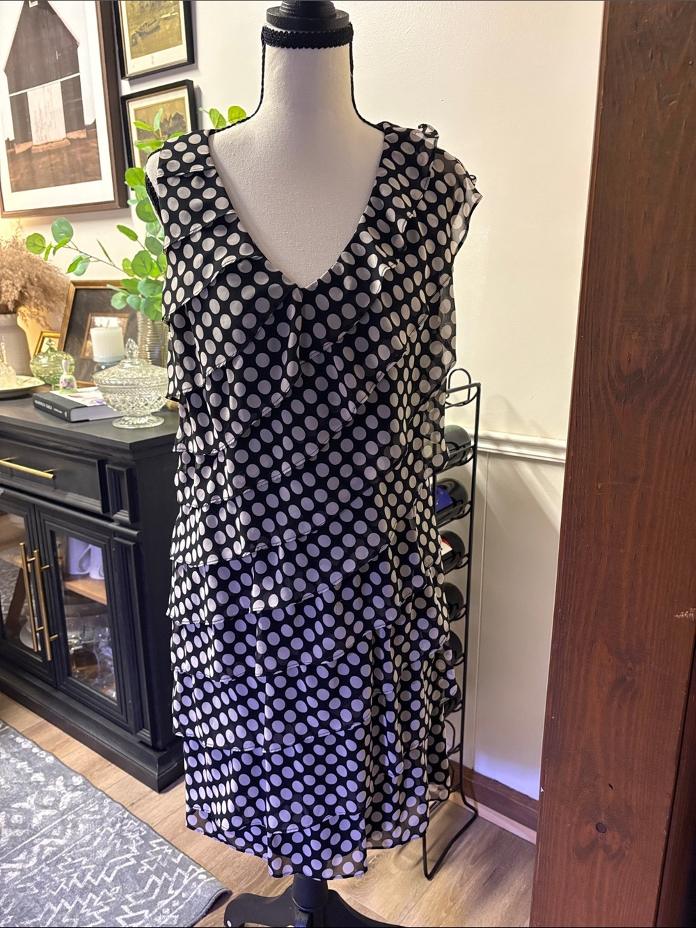 Adrianna Papell Black & White Polka Dot Ruffle V-Neck Midi Dress